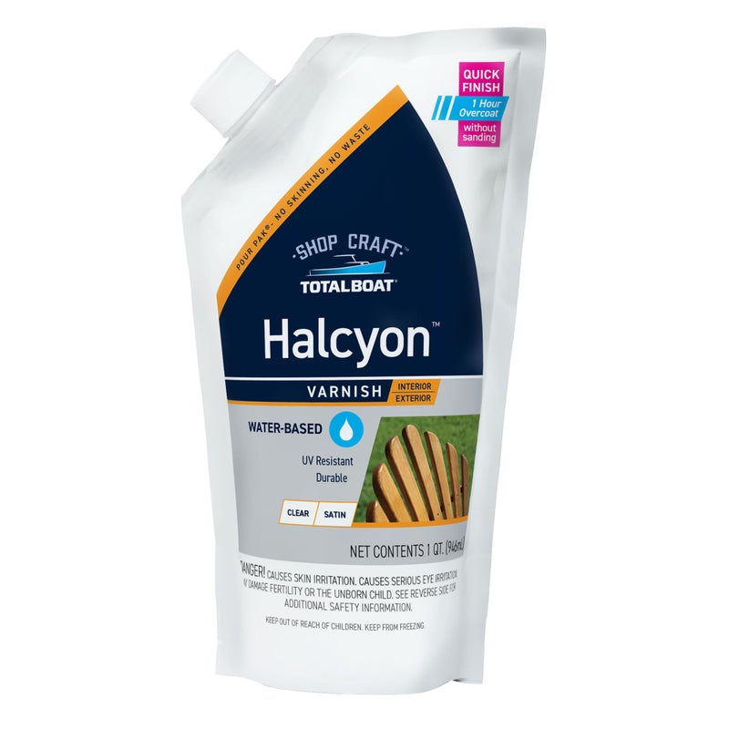 TotalBoat Halcyon Water-Based Marine Varnish | Fast-Drying Polyurethane Wood Finish for Boats, Outdoor Furniture, and Woodworking | Clear Satin, Quart - Image 1
